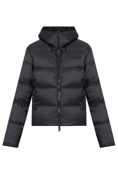 Dsquared2 Cropped Black Jacket With Quilted Design And Hood In Black