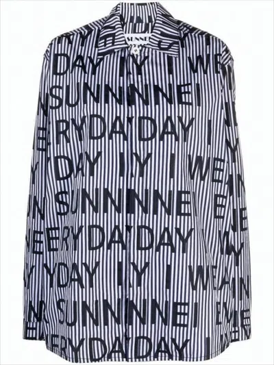 Sunnei Vertical Stripe Long-sleeve Shirt With Oversized Typography In Multi