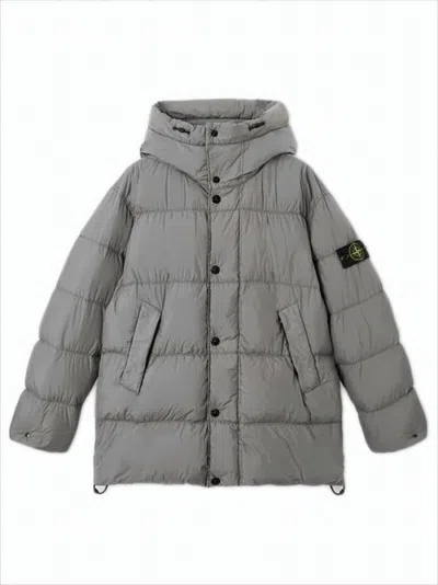 Stone Island Quilted Hooded Down Jacket With Angular Flap Pockets In Gray