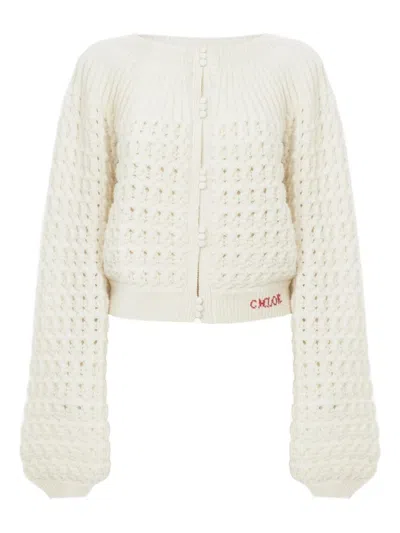 Chloé Jacquard Logo Cardigan Sweaters And Cardigans White In Neutral
