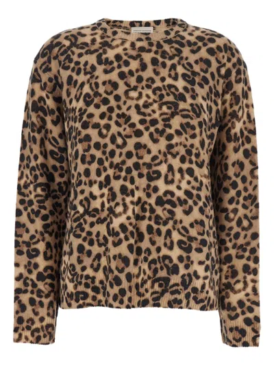 Semicouture Brown Crewneck Sweater With All-over Leopard Motif In Wool And Cashmere Woman In Brown