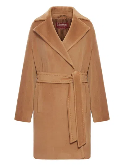 Max Mara Studio Long-sleeved Belted Coat In Brown