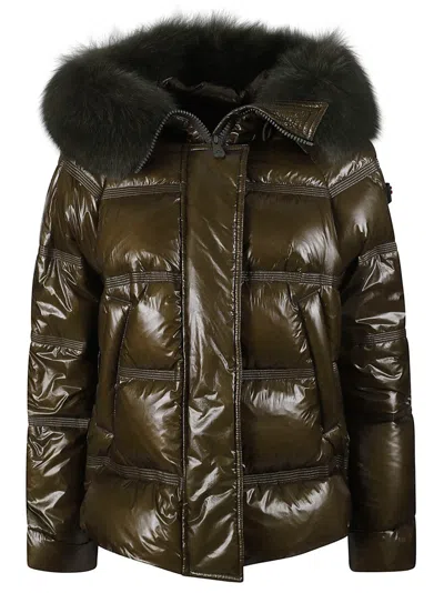 Peuterey Glossy Dark Green Padded Jacket With Fur-trimmed Hood In Green