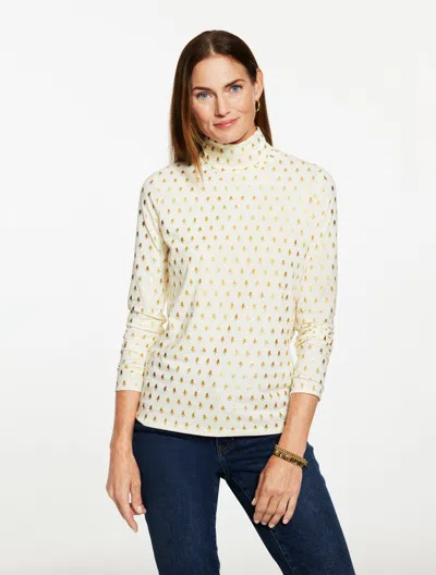 Talbots Plus Petite - Classic Turtleneck Top - Mini Evergreens - Ivory/gold Foil - 1x  In Multi