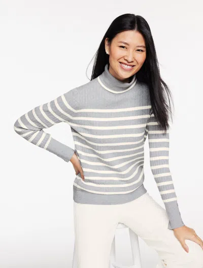 Talbots Plus Size - Ribbed Turtleneck Sweater - Stripe - Grey Sky Heather/ivory - 1x  In Gray