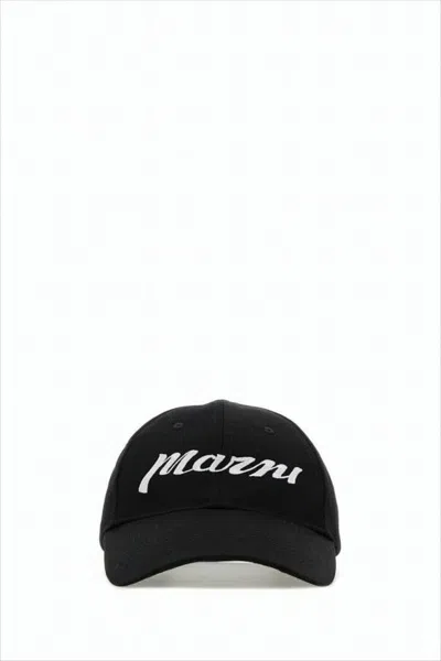 Marni Curved Brim Black Cotton Baseball Cap With Bold Logo In Black