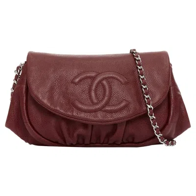 Pre-owned Chanel Half Moon Red Grained Leather Cc Quilted Flap Crossbody Woc Bag