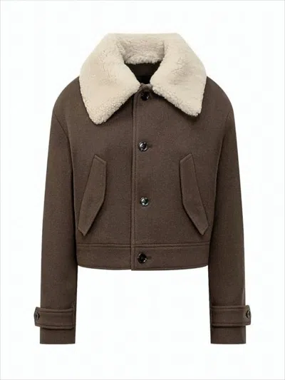 Ami Alexandre Mattiussi Cropped Wool Jacket With Plush Shearling Collar In Brown
