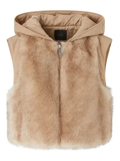 Pinko Cropped Beige Knitwear Jacket With Faux Fur In Neutral
