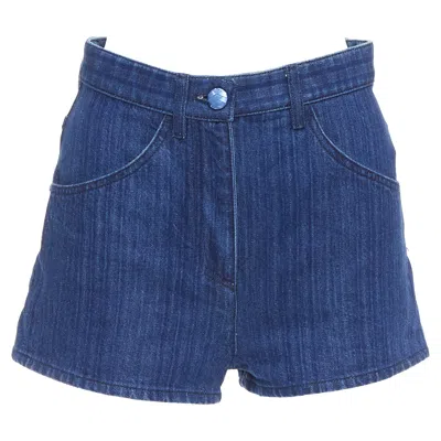 Pre-owned Chanel Blue Cc Logo Woven Trompe Loeil Denim High-rise Shorts Fr34 Xs