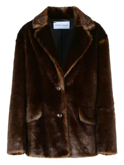 Stand Studio Mid-length Plush Faux Fur Jacket In Black