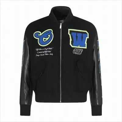 Off-white Varsity-style Bomber Jacket With Leather Sleeves In Black