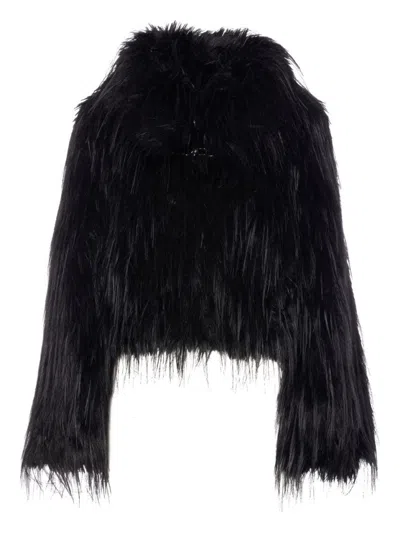 Pinko Cropped Peacoat-style Jacket In Soft Fur-effect Fabric In Black