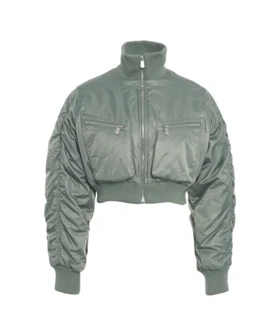 Pinko Cropped Bomber Jacket With Gathered Sleeves In Green