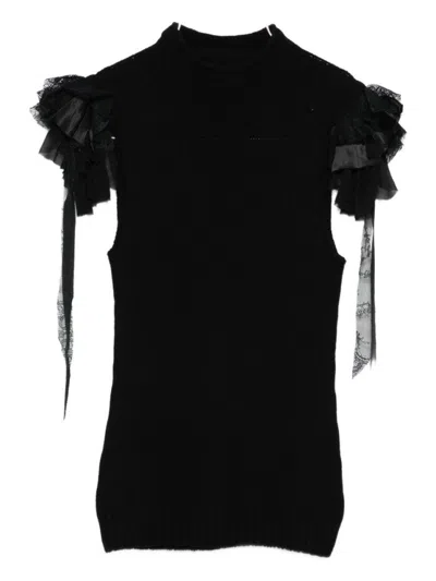 Alberta Ferretti Mock-neck Ruffle-shoulder Cashmere-wool Rib Tank Top In Black