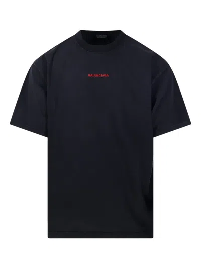 Balenciaga Black Crewneck T-shirt With Logo On The Front And On The Back In Cotton Man In Black