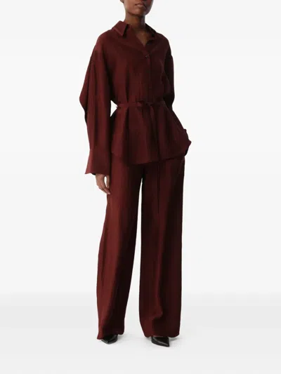 Jason Wu Collection Belted Crinkled Satin Oversized Button Up Shirt In Red