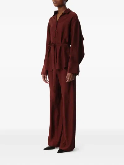 Jason Wu Collection Belted Crinkled Satin Oversized Button Up Shirt In Red