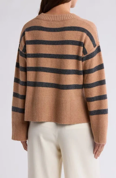 Bobeau Stripe Wide Sleeve Crop Sweater In Brown