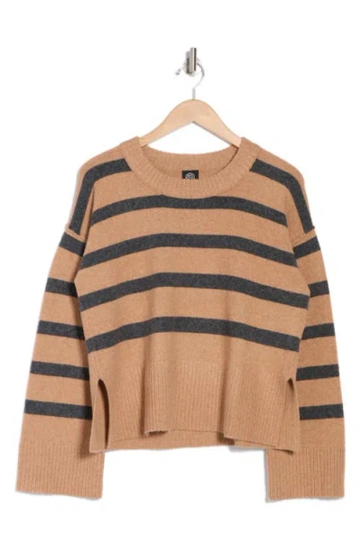 Bobeau Stripe Wide Sleeve Crop Sweater In Brown