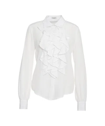 Himon's Tulle-trimmed Blouse With Classic Collar And Tailored Fit In White