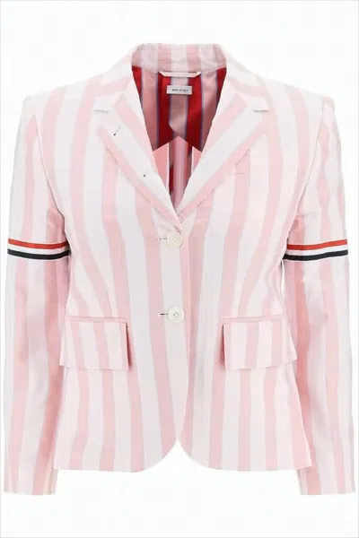Thom Browne Cropped Pink Striped Tailored Jacket With Tricolor Accents In Pink