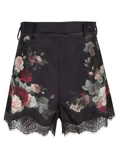 Zimmermann Belted Lace-trimmed Floral-print Silk And Cotton-blend Twill Shorts In Black