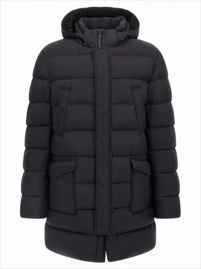 Herno Quilted Black Down Jacket With Detachable Hood In Blue