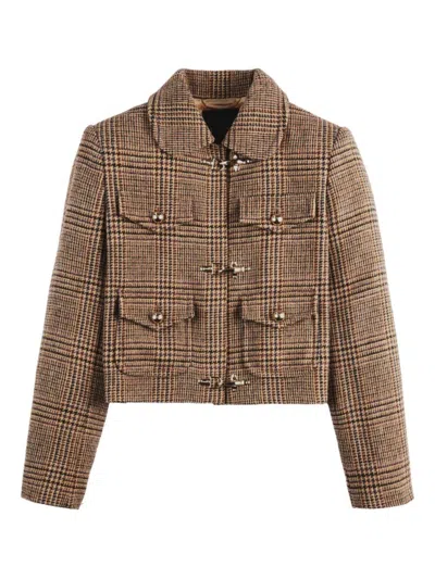 Fay Beige Cropped Jacket With Classic Checkered Pattern In Brown