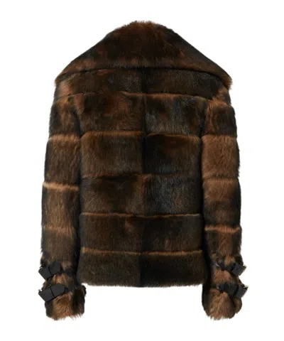 Fendi Women Color Pequin Motif Fur Aviator Jacket In Brown