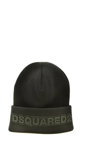 Dsquared2 Ribbed Knit Green Beanie With Logo Detail In Black