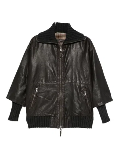 The Jack And Jackie Leathers Boxy Brown Leather Jacket With Knit Accents In Black