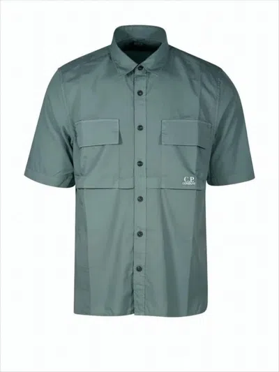 C.p. Company Short-sleeve Button-up Shirt With Classic Collar And Flap Pockets In Blue