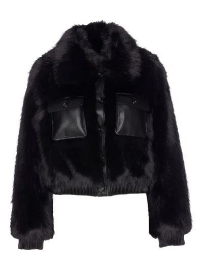 Liu •jo Plush Eco Fur Bomber Jacket With Ribbed Details In Black
