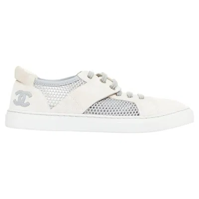 Pre-owned Chanel 2015 Grey Mesh Cc Logo Cream Suede Panelled Sneakers Eu36.5 In White