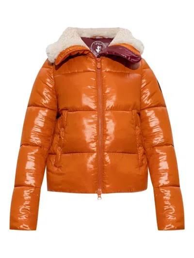 Save The Duck Glossy Padded Short Jacket With Shearling-lined Collar In Animal Print