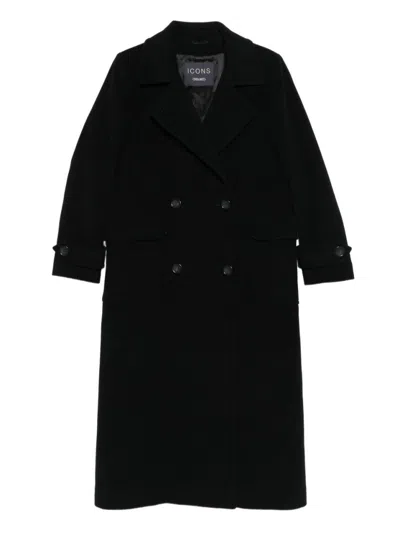 Cinzia Rocca Double-breasted Long Coat In Wool-cashmere Blend In Black