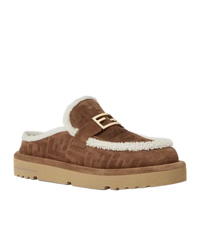 Fendi Women Beige Mules With Logo Lettering On The Rear And Ff Buckle In Suede Woman In Brown