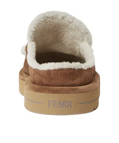 Fendi Women Beige Mules With Logo Lettering On The Rear And Ff Buckle In Suede Woman In Brown