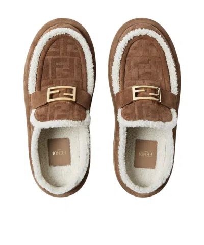Fendi Women Beige Mules With Logo Lettering On The Rear And Ff Buckle In Suede Woman In Brown