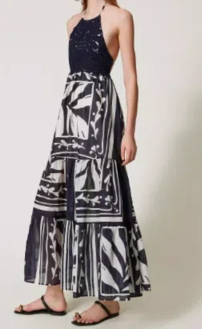Twinset Embroidered Halterneck Maxi Dress In Black