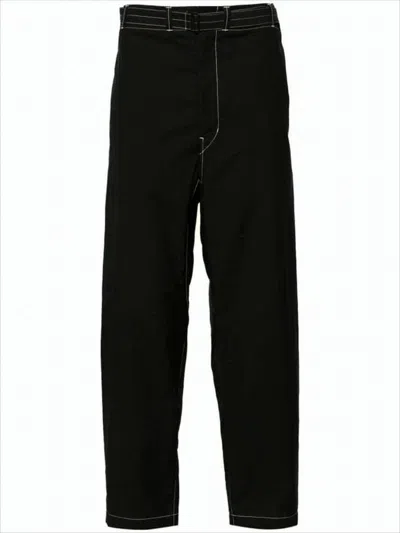 Lemaire Relaxed Fit Black Straight Pants With Belt Detail And Contrasting Stitching In Black
