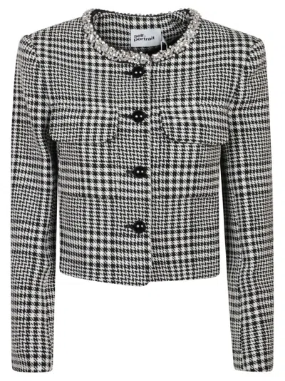 Self-portrait Houndstooth Wool Blend Jacket In Black