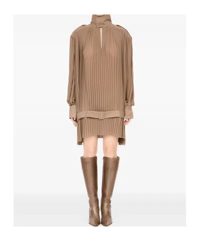 Mm6 Maison Margiela Pleated High-neck Dress In Brown