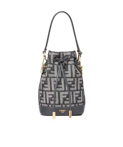 Fendi Women Mini Denim Effect Ff Jacquard Mon Tresor Bucket Bag In Blue
