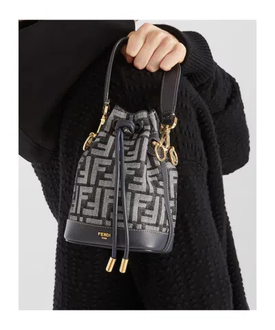 Fendi Women Mini Denim Effect Ff Jacquard Mon Tresor Bucket Bag In Blue