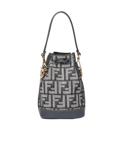 Fendi Women Mini Denim Effect Ff Jacquard Mon Tresor Bucket Bag In Blue