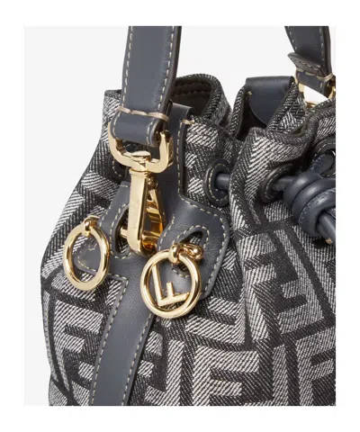 Fendi Women Mini Denim Effect Ff Jacquard Mon Tresor Bucket Bag In Blue