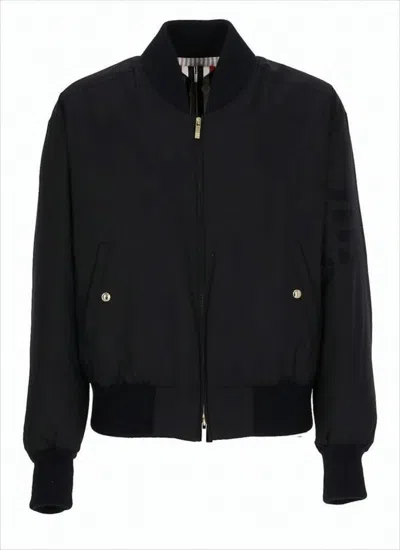 Thom Browne Padded Black Bomber Jacket With Gold Zipper And Ribbed Details In Black