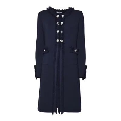 Charlott Tailored Long Coat In Deep Navy Wool With Fringed Trim In Blue